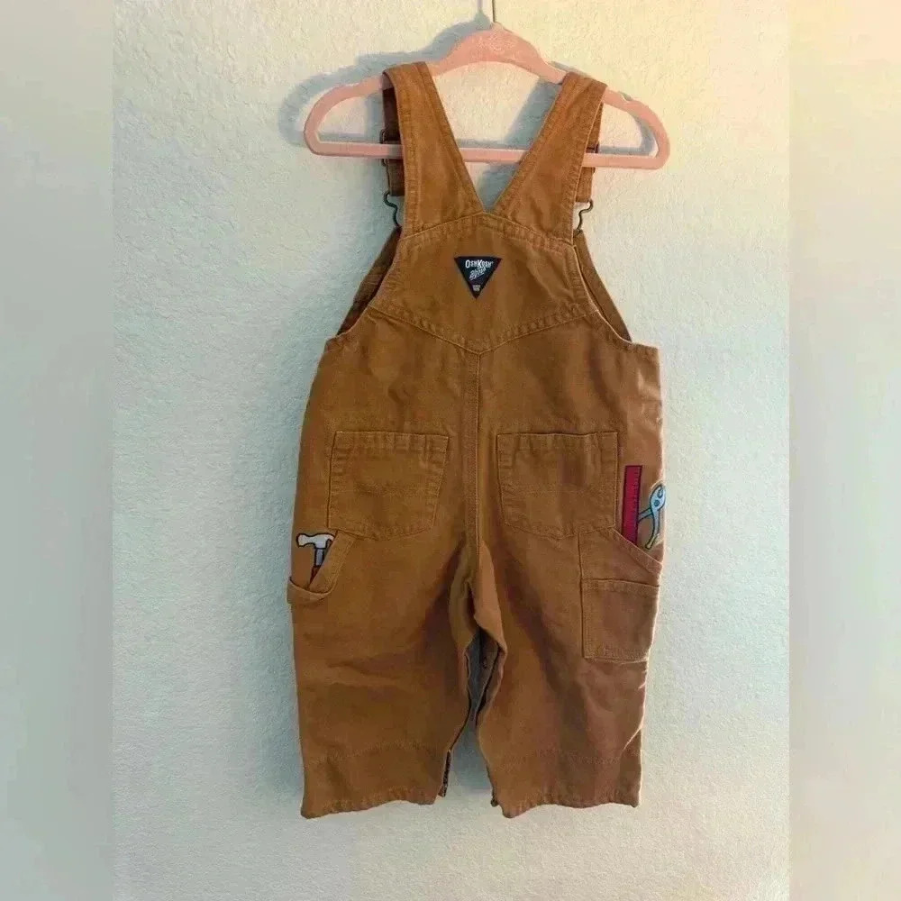 OshKosh Boys Overalls 12M Tool Detail Blue Plaid Snap Bottom Fall Cold - Picture 4 of 5